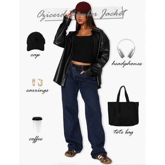 Women Black Button Down Shirt Long Sleeve Loose Light Coats Faux Leather Jacket - Picture 4 of 7